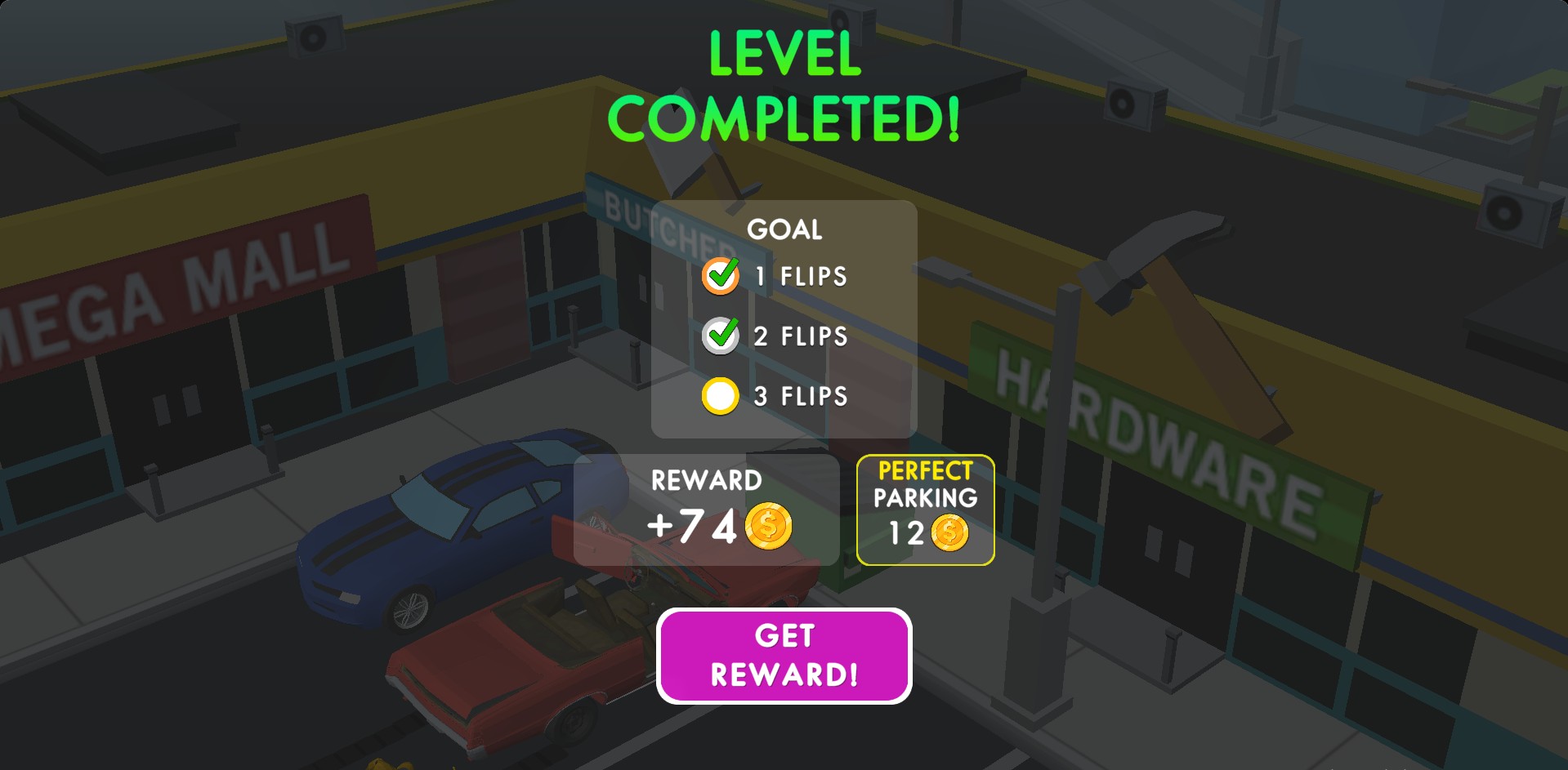 Car Flip gameplay screenshot showing a level completed with perfect parking and stylish car flips at a shopping mall.